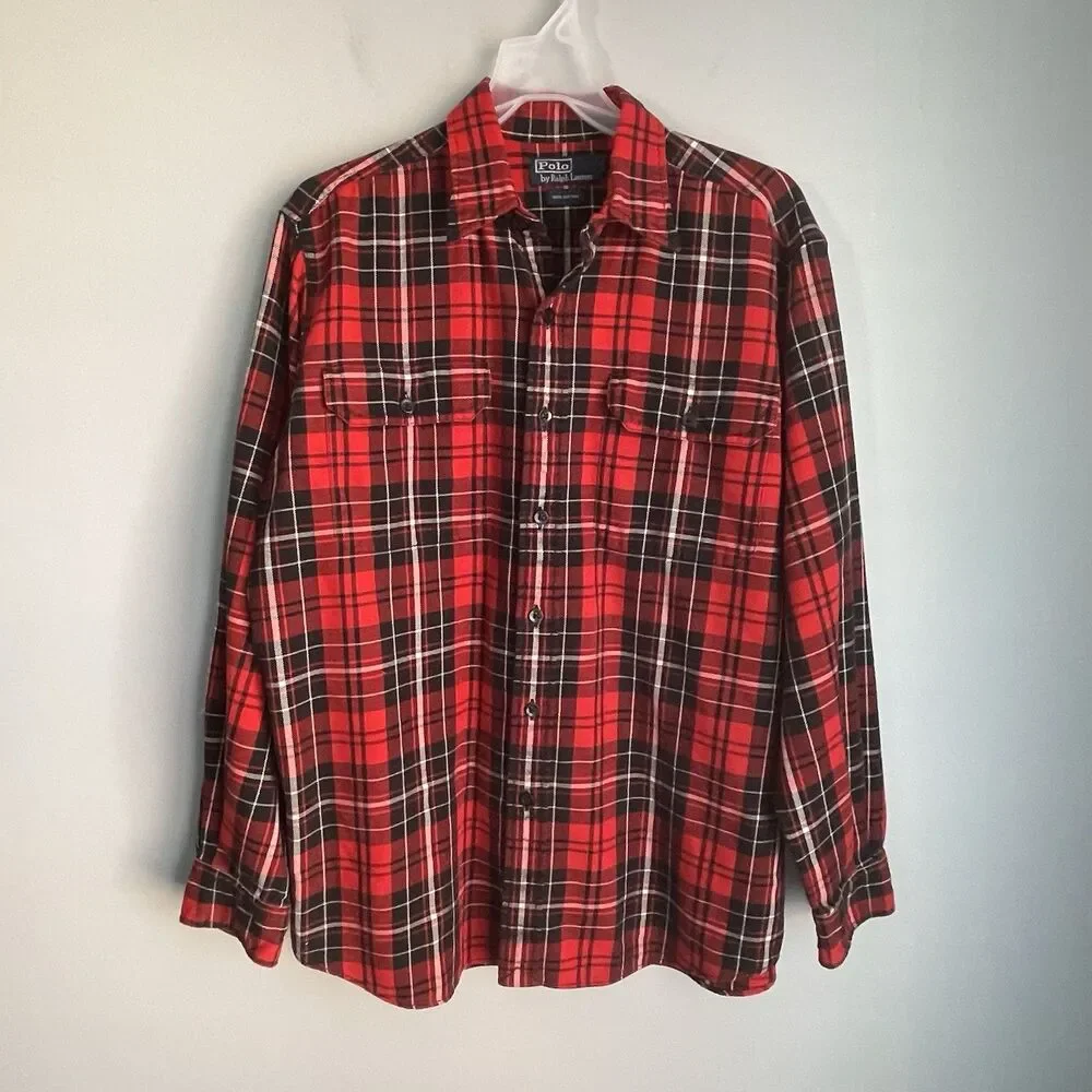 Vintage Polo Ralph Lauren Flannel Shirt Mens Sz M Red Tartan Plaid Button Up